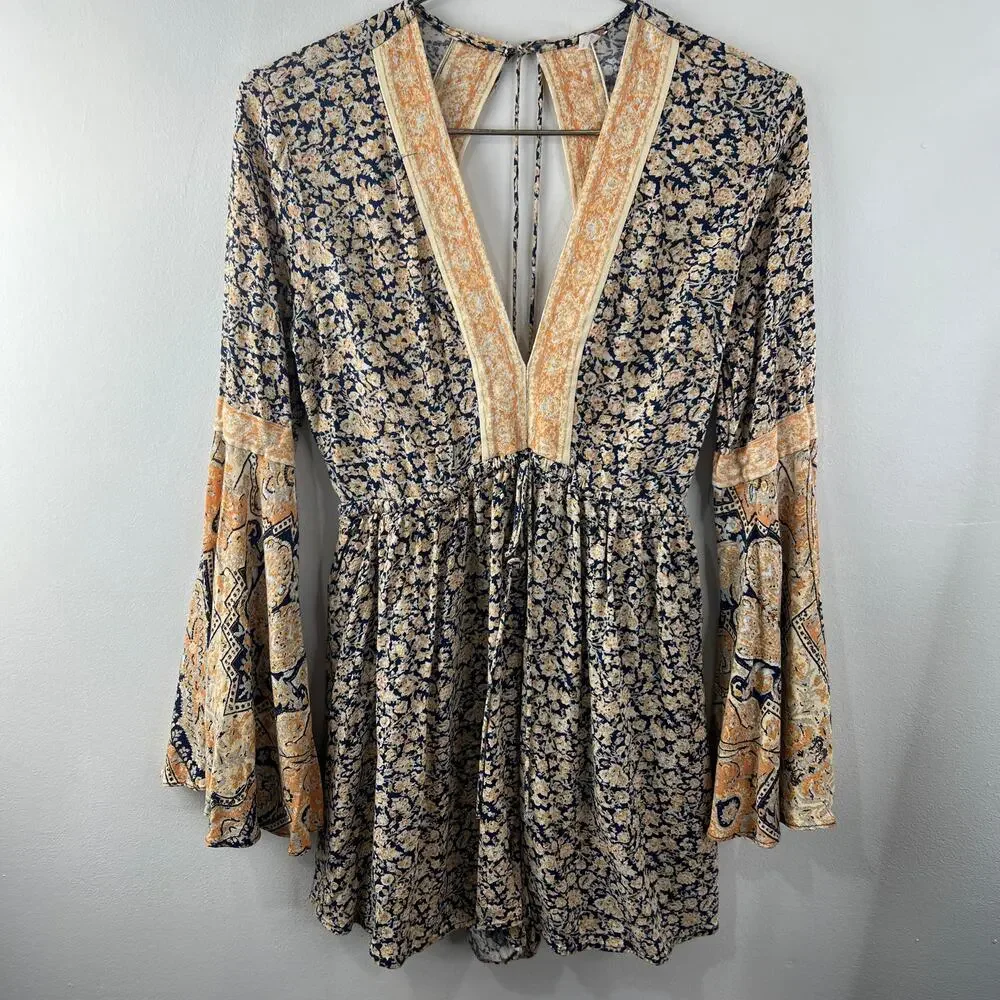 FREE PEOPLE Blue Yellow Romper Floral Once Upon a Summertime Bell Sleeve Small S - Picture 4 of 9